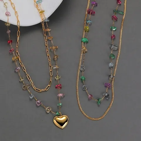 Bohemian Stainless Steel Heart Pendant Layered Necklace For Women Colorful Crushed Stone Artificial Pearl Clavicle Chain Jewelry