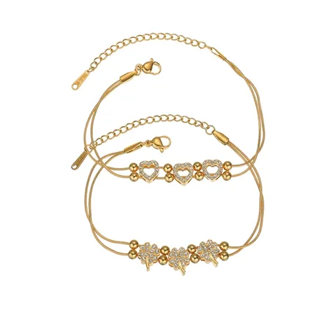 Vintage Edelstahl Zweilagiges Strass Kleeblatt Herz Armband Für Damen Verstellbarer Mode Schmuck Handschmuck