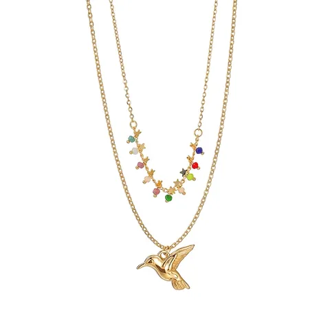 Collier Double Couche en Acier Inoxydable Colibri Perles Colorées Étoiles Breloques Chaîne Multi Rangs Bijoux Pour Femmes