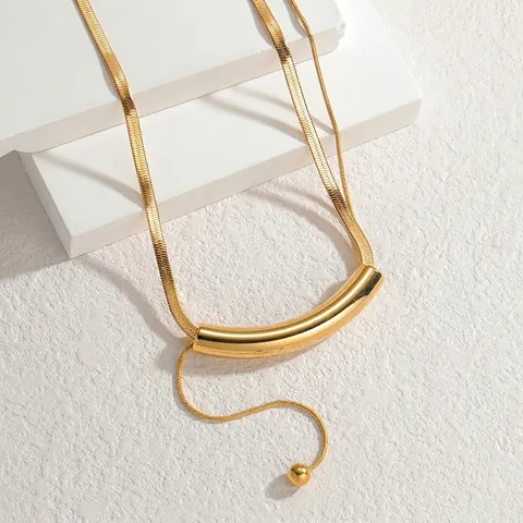 Collar de Borla de Tubo Redondo de Acero Inoxidable Minimalista para Mujer Moda Cadena de Clavícula Chapada en Oro Geométrica