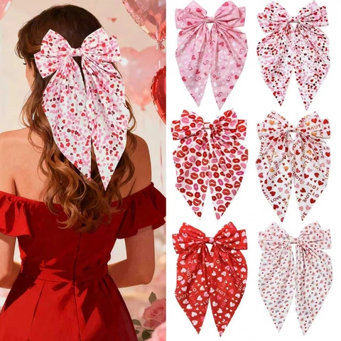Barrette Nœud en Tissu Surdimensionnée Avec Longs Rubans Saint-Valentin Imprimé Cœur Lèvres Pince à Ressort Femme