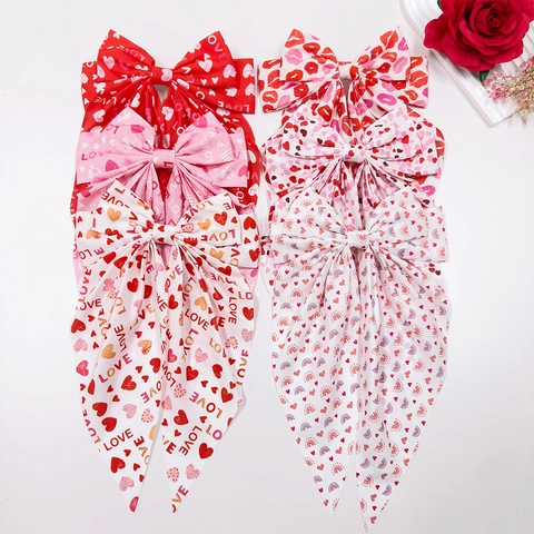 Barrette Nœud en Tissu Surdimensionnée Avec Longs Rubans Saint-Valentin Imprimé Cœur Lèvres Pince à Ressort Femme