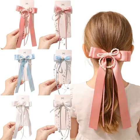 Pinza para el Cabello con Lazo de Cinta Estilo Francés Borla Larga para Mujeres Niñas Horquilla de Satén Dulce con Perla Artificial