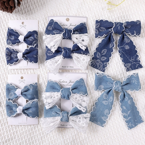 Ensemble de Barrettes Nœud en Denim et Dentelle Vintage pour Filles Épingles à Cheveux Brodées à la Main Accessoires de Cheveux