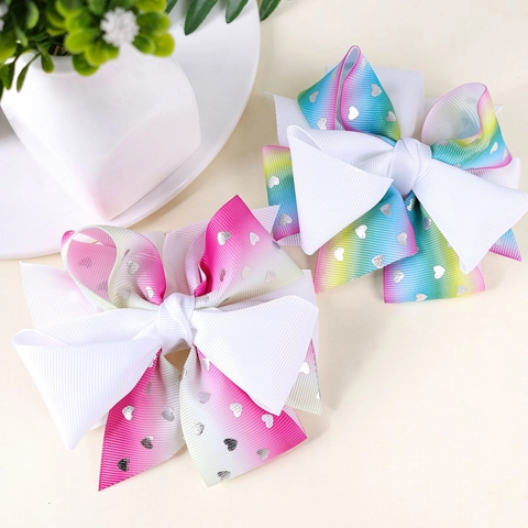 Pinces à Cheveux Nœud Dégradé 7 Couleurs pour Filles Motif Cœur Ruban Gros-Grain Accessoires de Cheveux Princesse