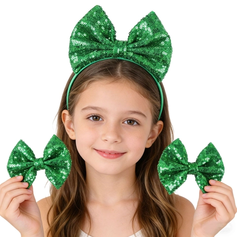 Grün Pailletten Schleife Stirnband Und Clips Für Mädchen St Patrick's Day Festliche Funkelnde Irische Kostüm Zubehör Party Haar Set