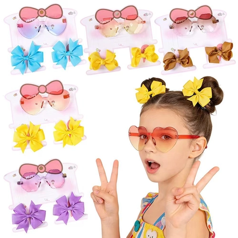 Occhiali da Sole a Cuore Sfumati per Bambini e Fermagli per Capelli con Fiocco in Nastro per Ragazze Accessori Decorativi
