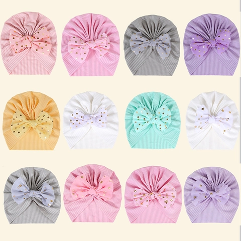 Schattige Baby Tulband Muts Met Grote Strik Zachte Elastische Ribgebreide Beanie Stip Ster Metallic Print Pasgeboren Peuter Haar Accessoires