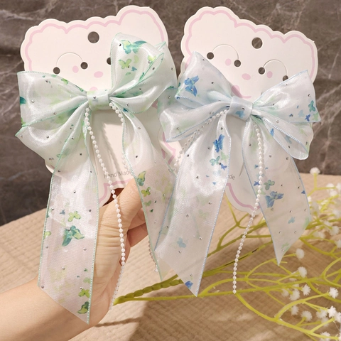 Mollette per Capelli con Fiocco in Organza per Bambine con Nappa Perla Artificial Farfalla Stampa Floreale Dolce Fermaglio in Pizzo