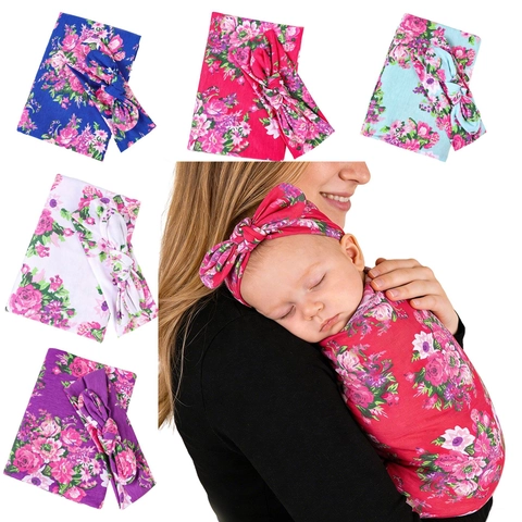 Newborn Baby Swaddle Blanket And Headband Floral Printed Polycotton Breathable Wrap For Infants Photography Props