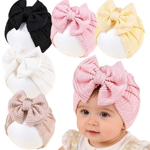 Newborn Baby Turban Hat With Large Bow Ribbed Jacquard Soft Infant Protection Fontanelle Cap Toddler Breathable Warm Headwear