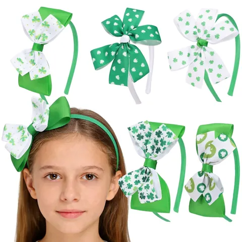 Serre-tête Nœud Trèfle Saint-Patrick pour Enfants Vert Blanc Ruban Gros-Grain Motif Trèfle Accessoires de Fête