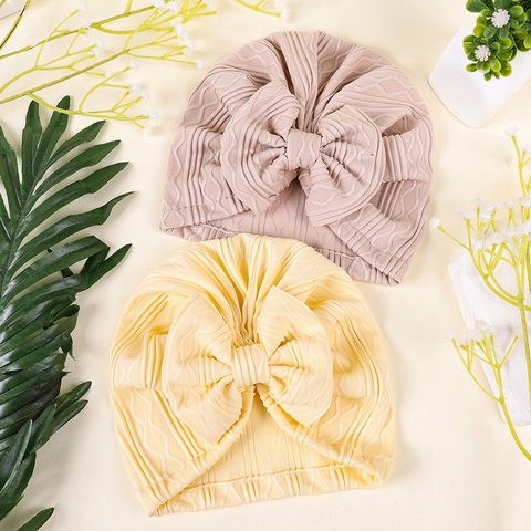 Newborn Baby Turban Hat With Large Bow Ribbed Jacquard Soft Infant Protection Fontanelle Cap Toddler Breathable Warm Headwear