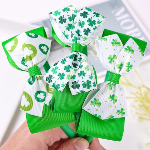 Serre-tête Nœud Trèfle Saint-Patrick pour Enfants Vert Blanc Ruban Gros-Grain Motif Trèfle Accessoires de Fête