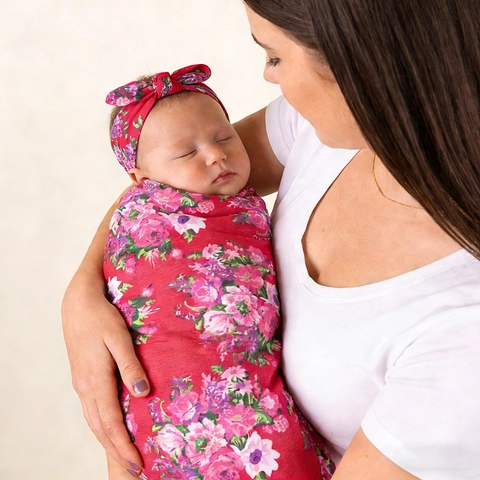 Newborn Baby Swaddle Blanket And Headband Floral Printed Polycotton Breathable Wrap For Infants Photography Props