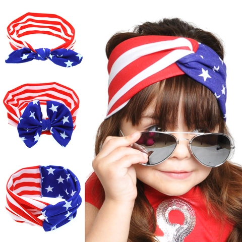 Set Fasce Neonato Bandiera USA Stelle e Strisce Fiocco Orecchie di Coniglio Fasce Elastiche per Capelli per Bambini