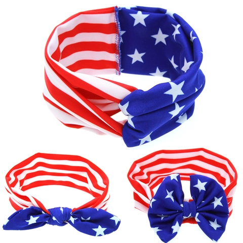 Set Fasce Neonato Bandiera USA Stelle e Strisce Fiocco Orecchie di Coniglio Fasce Elastiche per Capelli per Bambini