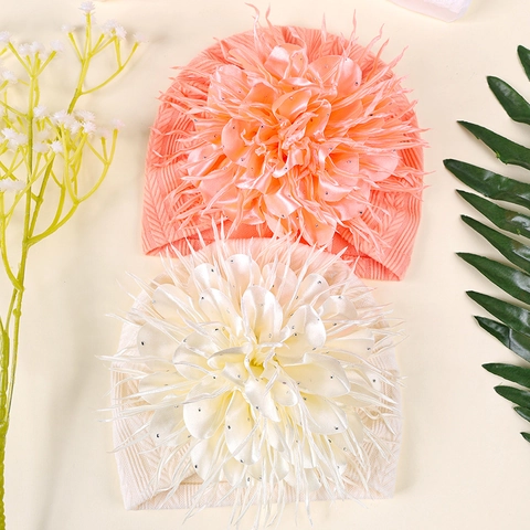 Cute Baby Girl Turban Hat Large Camellia Flower Rhinestone Beanie Soft Polyester Infant Toddler Knit Headwrap Hair Accessories