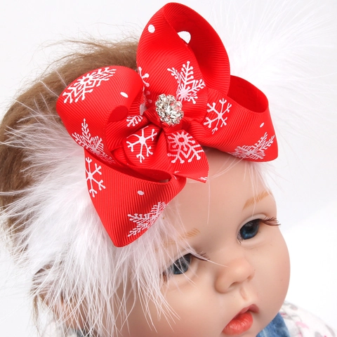 Weihnachten Baby Stirnband Rot Schneeflocke Schleife Strass Weiße Feder Elastisches Haarband Kinder Festliche Haarschmuck