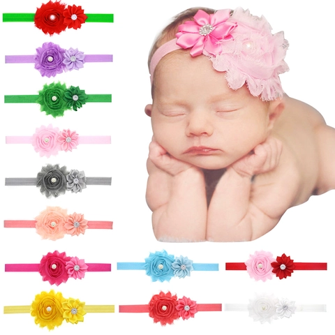Handgefertigt Chiffon Satin Blume Baby Stirnband Mit Künstliche Perle Strass Weich Elastisch Haarband Für Säugling Fotografie Mädchen Schmuck
