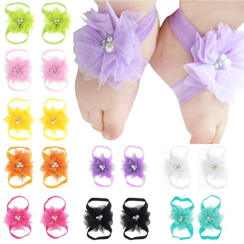 Baby Barfuß Sandalen Chiffon Netz Blumen Fußband Für Kleinkind Mädchen Künstliche Perle Strass Neugeborene Fotografie Requisiten Geschenk