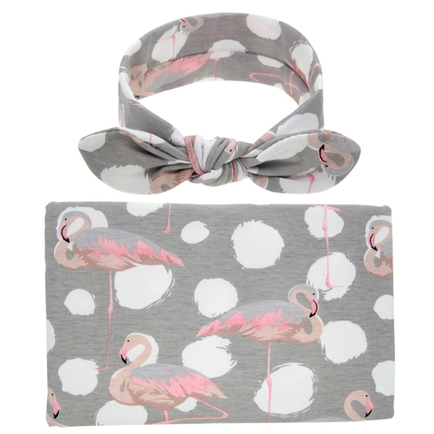Newborn Baby Swaddle Blanket And Matching Bow Headband Set Floral Flamingo Print Soft Cotton Blend Receiving Blanket For Infant Girls