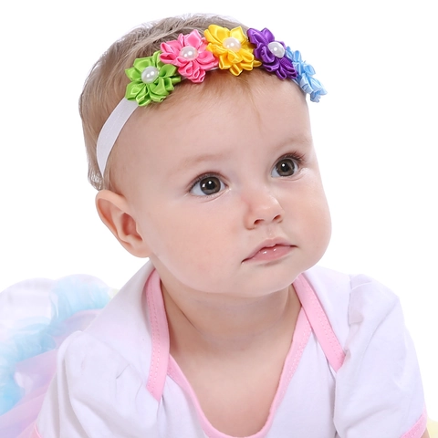 Fascia per Capelli per Neonati Fatta a Mano con Fiori in Raso Arcobaleno e Perla Artificiale per Bambini Accessori Foto