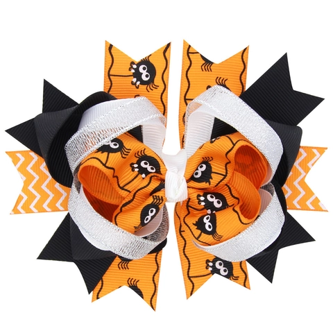 Pinzas para el Cabello con Lazo de Cinta de Grosgrain Multicapa de Halloween para Niños Patrón de Calabaza Araña Brillo Accesorios