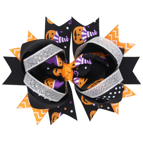 Pinzas para el Cabello con Lazo de Cinta de Grosgrain Multicapa de Halloween para Niños Patrón de Calabaza Araña Brillo Accesorios