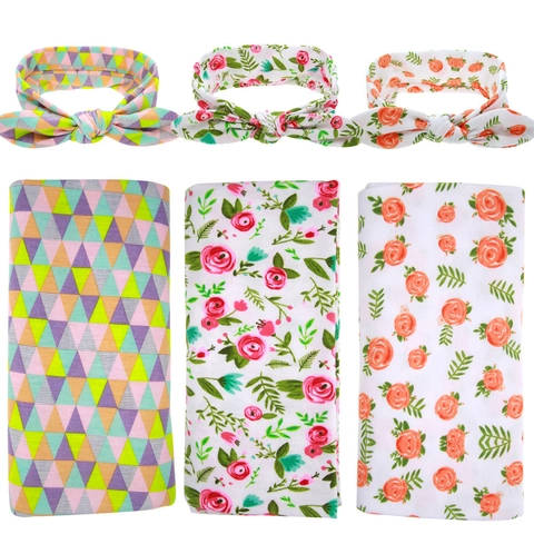 Soft Polyester Baby Swaddle Blanket And Headband Set Floral Geometric Print Newborn Infant Receiving Wrap For Photography