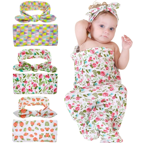 Soft Polyester Baby Swaddle Blanket And Headband Set Floral Geometric Print Newborn Infant Receiving Wrap For Photography