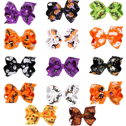 Halloween Bambini Fiocco Fermagli per Capelli Zucca Fantasma Pipistrello Stampato Nastro Grosgrain Ragazze Festa Gioielli