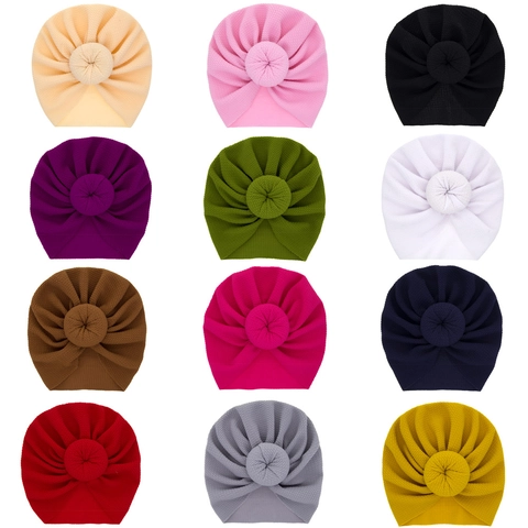 Weiche Acryl Strick Baby Turban Mütze Donut Knoten Stirnband Für Neugeborene Kleinkinder Waffelstruktur Beanie Haar-Accessoires