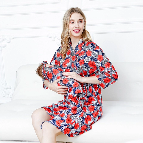 Accappatoio premaman Fascia per neonati e Set di Fasce Stampa floreale di ibisco tropicale Viscosa Set di camicie da notte per allattamento da donna Neonato