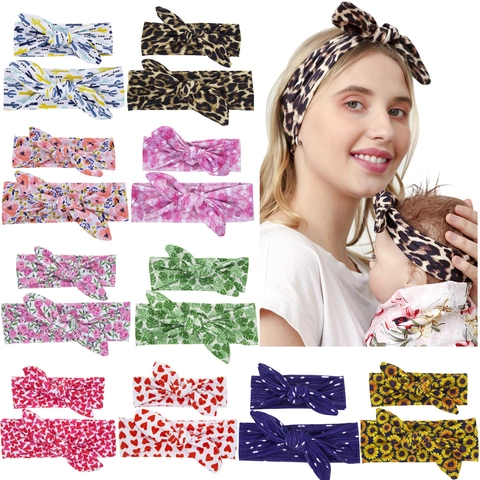 Polyester Knotted Headband For Mommy And Baby Rabbit Ear Bow DIY Headband Leopard Heart Floral Printed Parent Child Hair Accessories