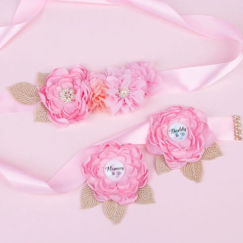 Handmade Maternity Sash And Corsage Set Mommy To Be Daddy To Be Flower Ribbon Belt For Baby Shower Gender Reveal Party Photo Props