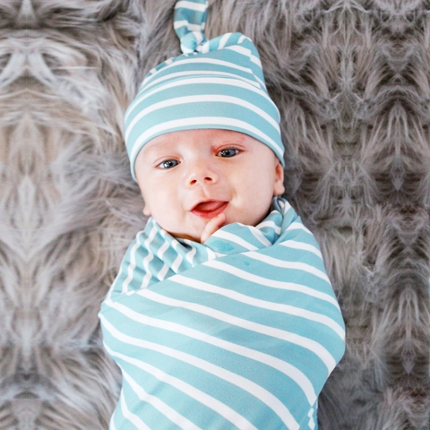 Newborn Baby Swaddle Wrap And Knot Hat Striped Polyester Soft Receiving Blanket For Infants Toddlers Blue White Set