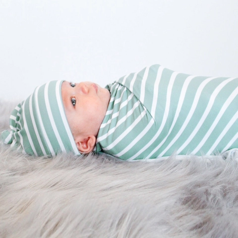 Ensemble Couverture d'Emmaillotage Nouveau-né Avec Bonnet Noué Enveloppe Polyester à Rayures Vertes Blanches pour Bébé Photos