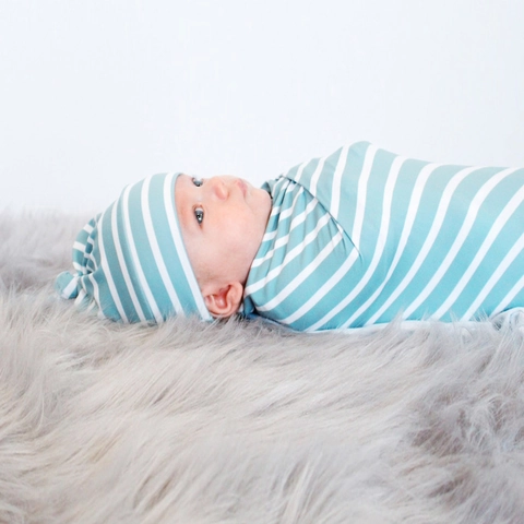 Newborn Baby Swaddle Wrap And Knot Hat Striped Polyester Soft Receiving Blanket For Infants Toddlers Blue White Set