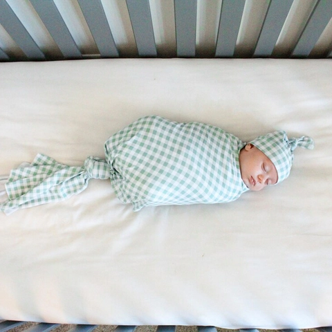 Newborn Baby Swaddle Blanket And Knotted Hat Polyester Plaid Pattern Receiving Wrap For Baby Boys Girls Shower Gift