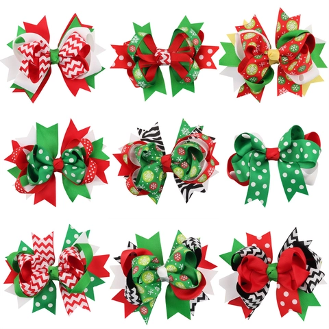 Christmas Kids Hair Clips Set Grosgrain Ribbon Bow Duckbill Clip Snowman Tree Print Festival Accessories For Girls Kids
