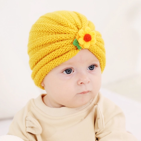 Cute Baby Knitted Turban Hat With Flower Solid Color Soft Warm Crochet Beanie For Newborn Infant Toddler Daily Wear
