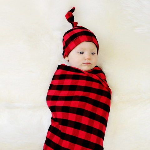 Newborn Swaddle Blanket And Hat Set Buffalo Plaid Knitted Receiving Wrap For Baby Boys Girls Infant Photography Props