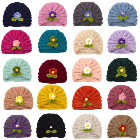 Baby Girl Knit Turban Hat With Flower And Leaf Decor Soft Woolen Yarn Pullover Beanie For Infants Toddlers Autumn Winter Warm Hat