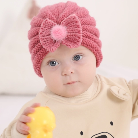 Baby Knitted Turban Hat With Large Bowknot And Pom-Pom Solid Color Winter Warm Crochet Beanie For Newborns Infants Toddlers