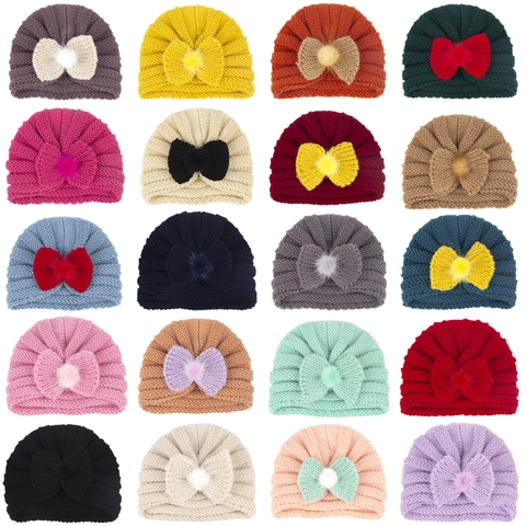 Baby Knitted Turban Hat With Large Bowknot And Pom-Pom Solid Color Winter Warm Crochet Beanie For Newborns Infants Toddlers