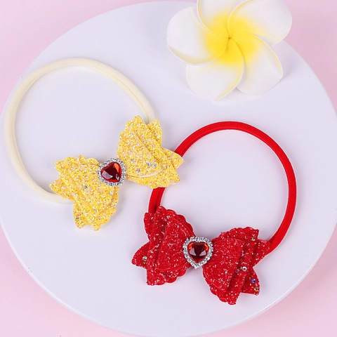 Girls Sequin Bow Nylon Headband With Heart Rhinestone Elastic Infant Toddler Hair Band For Valentine's Day Accessories