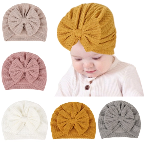 Baby Waffelstrick Turban Hut Mit Großer Schleife Weiche Elastische Kopfbedeckung Beanie Für Säuglinge Neugeborene Accessoires