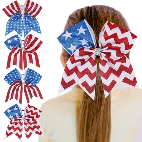 USA Independence Day Girls Large Cheer Bows With Hair Tie Glitter Stars Stripes Ribbon Hair Accessories July 4th Decor
