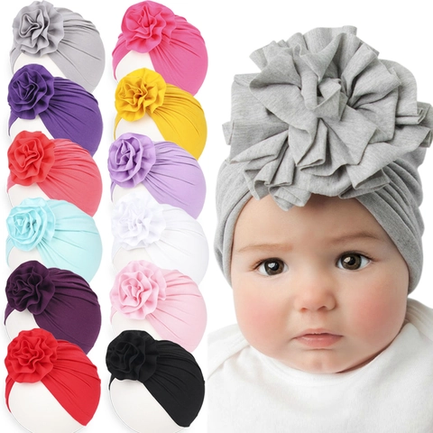 Gorro Turbante con Flor Grande para Bebé Niña Color Sólido Elástico de Poliéster Envoltura de Cabeza Estilo Indio Foto